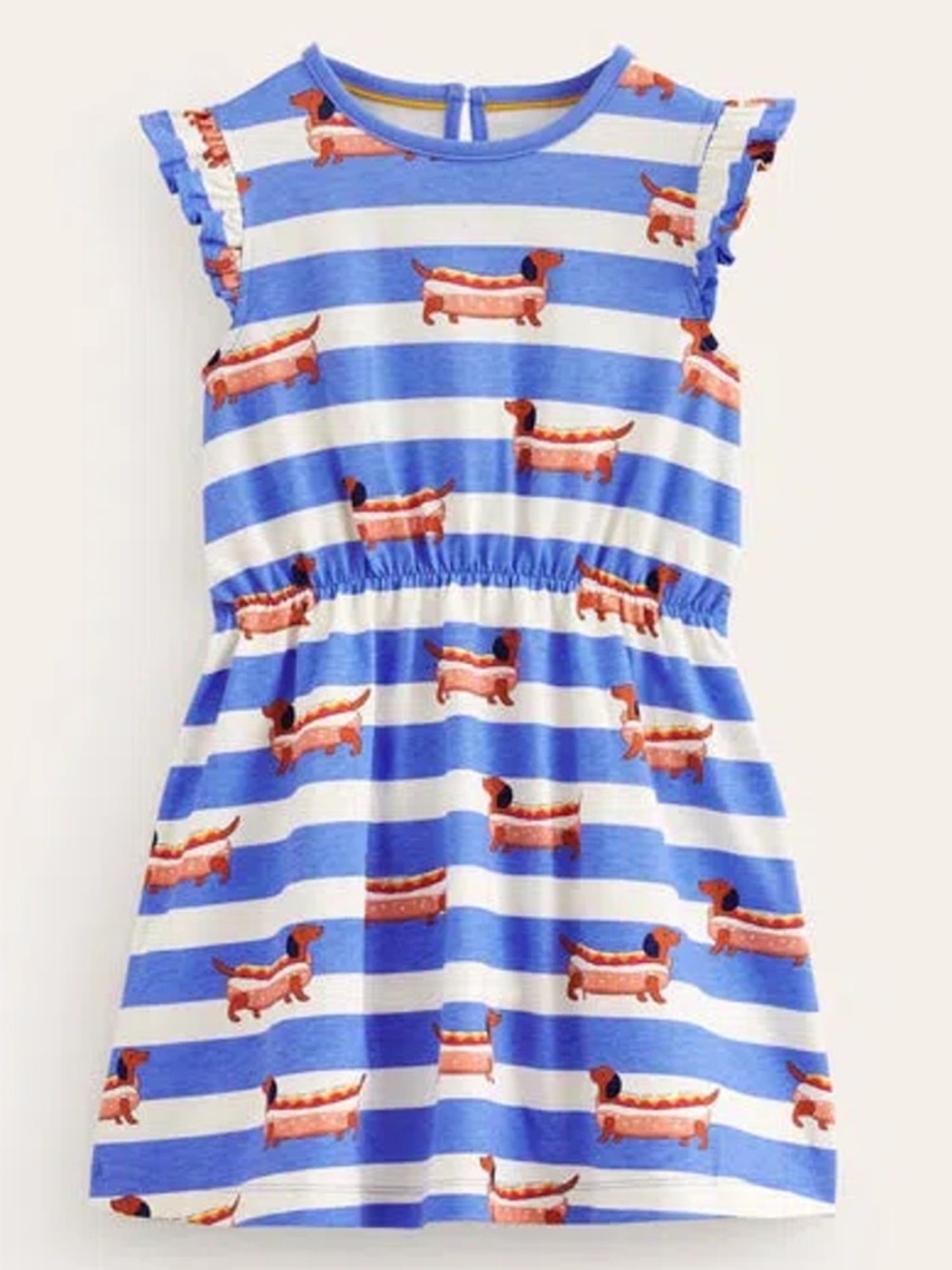 Mini Boden Kids Frill Sleeve Jersey Blue Hot Dog Stripe Print Girls Dress